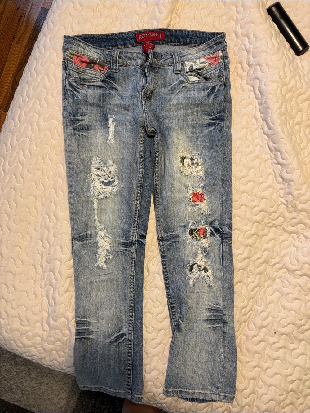 Red Rivet Light Blue Boot Cut Jeans with Colorful Patch Details